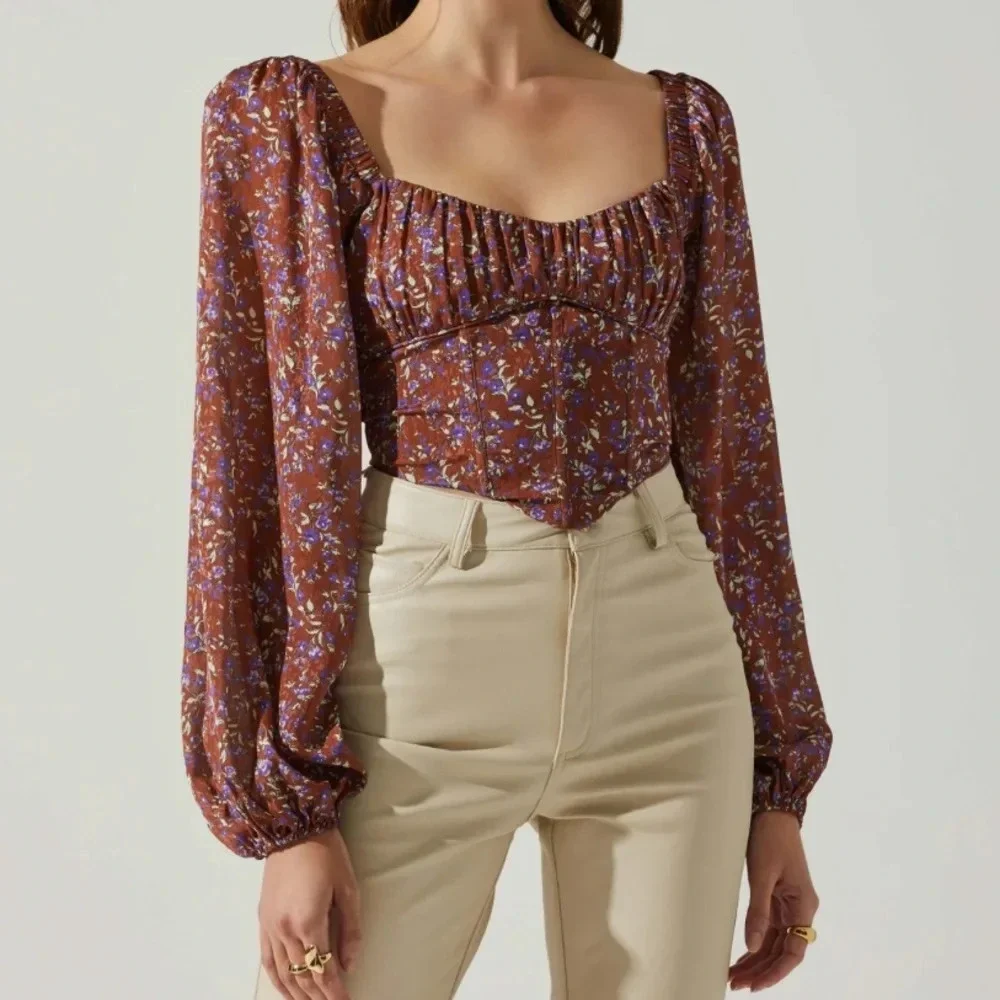 ASTR The Label Penny Floral Puff Sleeve Brown Purple Top Size S